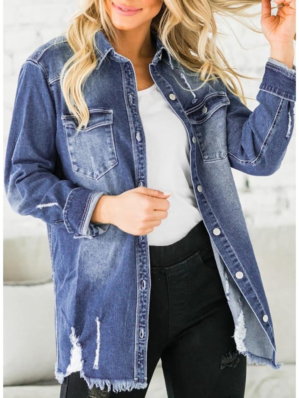 Women's Blue Button Down Oversized Distressed Boyfriend Jean Jacket Fall Outfits - Picture 2 of 6
